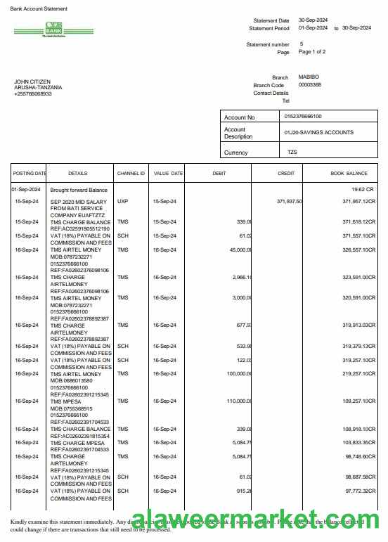 Tanzania CRDB bank statement 3 – 6 months Word and PDF example